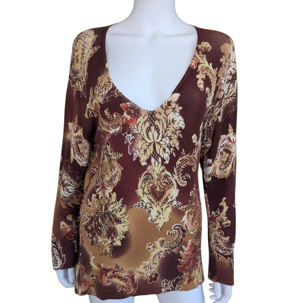Alberto Makali Red and Cream V-neck Long Sleeve Blouse